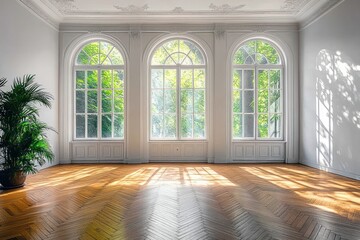 Fototapeta premium Bright empty room with large arched windows letting in natural sunlight and casting shadows on polished wooden parquet floor with a potted plant in the corner