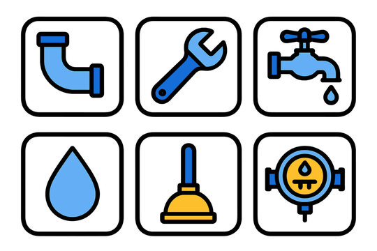 Tools and symbols for plumbing tasks showcased in a clear, simplified graphic design