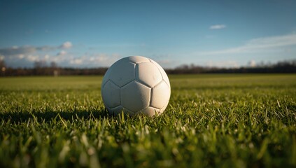 Fototapeta premium Classic white soccer ball resting on vibrant green grass, illuminated by sunlight, showcasing a distinct shadow, focus on sports activity
