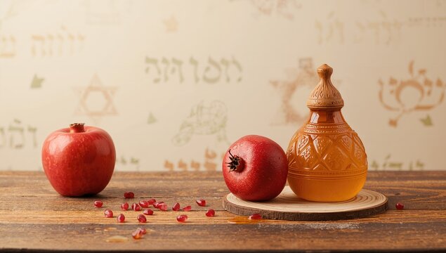 Background for a festive Jewish New Year featuring honey, apples, and pomegranates on a rustic wooden surface