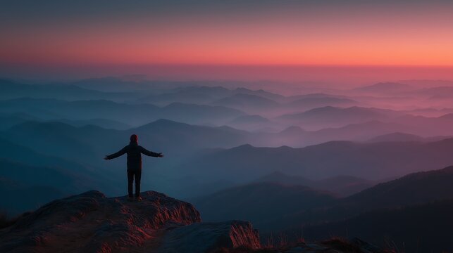 Person triumphantly standing on mountain peak at sunrise with outstretched arms, symbolizing inner growth