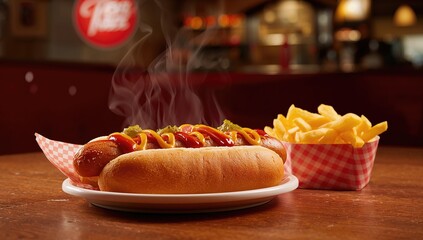 American fast food establishment offers hot dogs with toppings and a side of french fries presented in a paper packet, casual dining experience