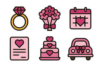 Fun and colorful wedding icons featuring a ring, bouquet, calendar, invitation, cake, and car