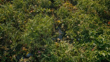 Fototapeta premium A neglected plot overrun by vegetation, highlighting potential for restoration