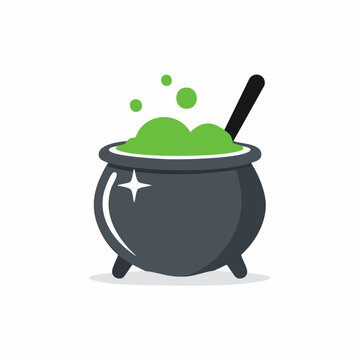 Cartoon cauldron with potion and bubbles Halloween magic, witch's pot with stirring spoon vector