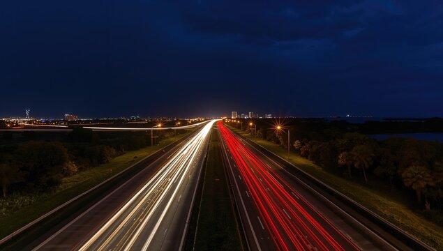 Long Exposure of I-95 Roadway at Night with Car Lights, highlighting travel speed