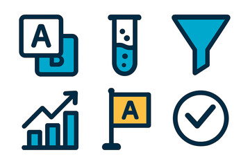 Various icons showcasing elements of data analysis, including growth, experimentation, and refinement in a clear visual style