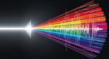 Vibrant spectrum breaking through prism with audio waveforms, perfect for music visualizers or sound design projects, dynamic and eye catching visuals