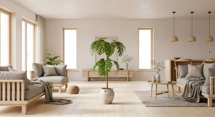 Fototapeta premium Bright and airy living room with natural light and plants.