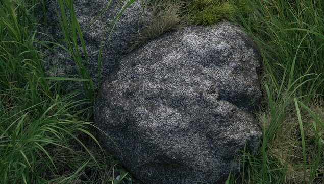 Grey rough stone texture with patches of grass and moss, natural erosion risk