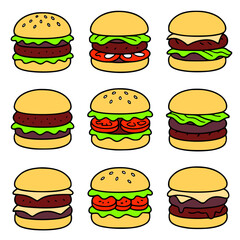 Vector Illustration, Collection of 9 Burgers