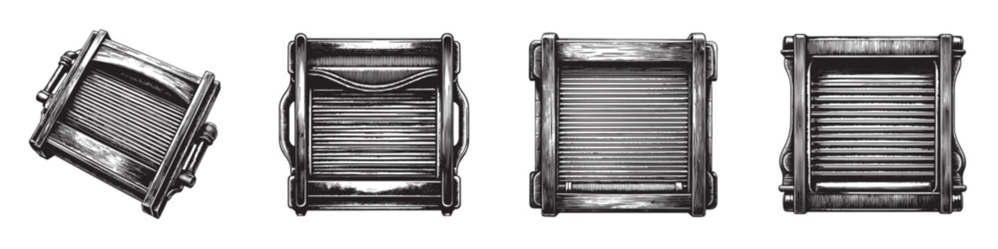 A vintage washboard set featuring intricate designs and wooden elements, perfect for rustic decor.