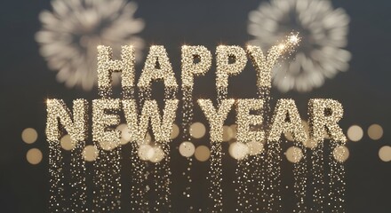 Glittering happy new year text with fireworks display on black background