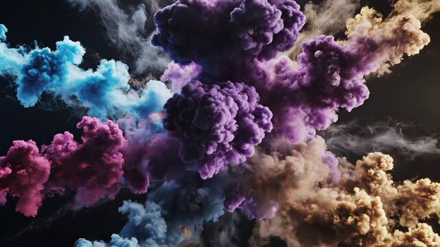 Exploding color powder abstract design with dynamic forms and texture on black background