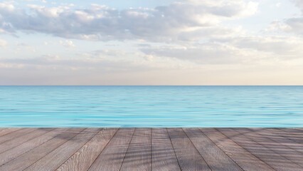 Fototapeta premium Wooden deck by the sea, with sky and a bright clear sea as a backdrop, a horizontal line of calm and peaceful time to present your product. 3d illustration.
