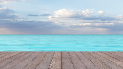 Wooden deck by the sea, with sky and a bright clear sea as a backdrop, a horizontal line of calm and peaceful time to present your product. 3d illustration.