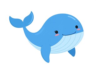 Obraz premium A cute, light-blue cartoon whale is shown smiling on a white background, with small rosy cheeks and simple lines