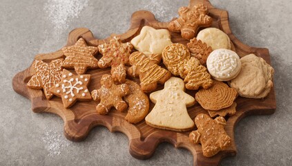 Fototapeta premium Christmas cookies and gingerbread shaped like a pine tree on a wooden plate, seasonal treat for festive celebrations