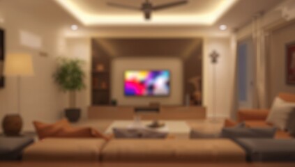 Fototapeta premium Abstract blur of small living space in a contemporary villa with television on, focus on modern lifestyle