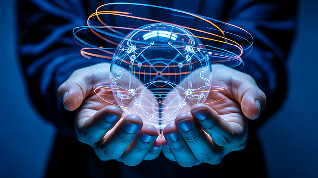 Glowing holographic world globe in hands with spinning digital lines on dark background representing futuristic technology and innovation