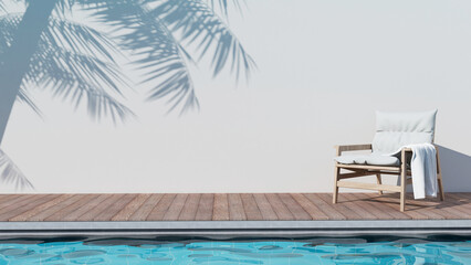 Obraz premium 3d rendering image of easy chair on poolside wooden terrace with coconut leaves shadow casting on the wall. Represent image feeling of vacation, party, poolside atmosphere, travel or summer.