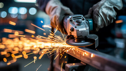 Close up of angle grinder cutting metal with sparks flying in a workshop environment at eye level view