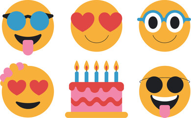 Fun emoji icons expressing love coolness and celebration with a birthday cake for social media and digital use