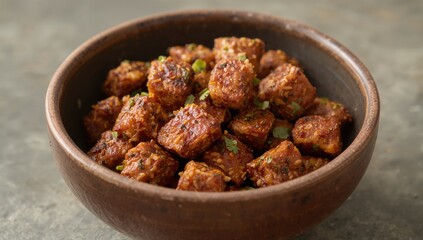 A rustic ceramic bowl containing soy-based meat substitutes, a protein-rich meal choice for vegetarian diets.