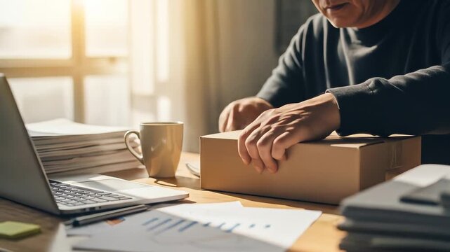 A person uses a utility knife to open a cardboard box on a desk with a coffee mug and laptop