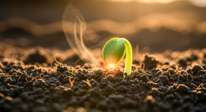 Close up elderly hands transferring glowing seedling with warm soil steam to young hands symbol spring life growth renewal gentle morning light