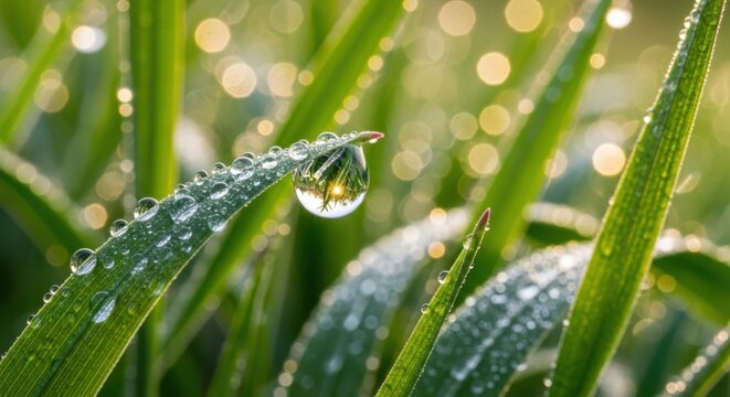 Dewdrop reflecting sunlight on a blade of grass