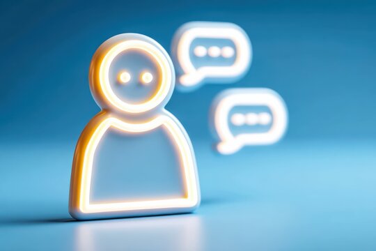 Glowing 3D user icon and chat bubbles on blue background for online communication