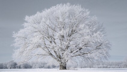 A barren tree blanketed in snow, showcasing winter's chill and the beauty of nature