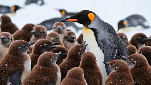 King penguin colony antarctica wildlife photography with baby penguin chicks in the snow and ice habitat