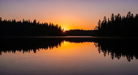 Fototapeta premium Stunning sunrise bathes serene lake in golden light, reflecting trees in tranquil water, perfect for peaceful landscapes and scenic nature photography