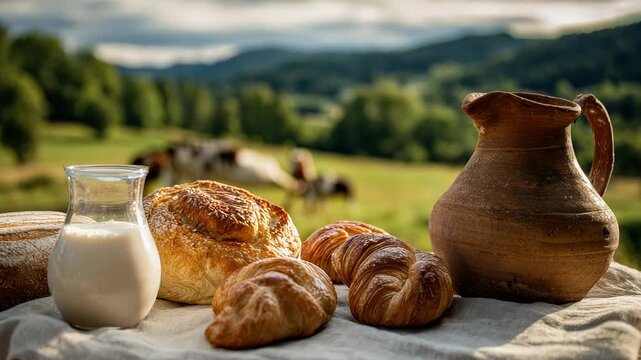 Still Life with Bread Rolls and Milk in Glass Jar Presented on Wooden Table with Blue Green Mountain Vista in Background on Cloudy Day