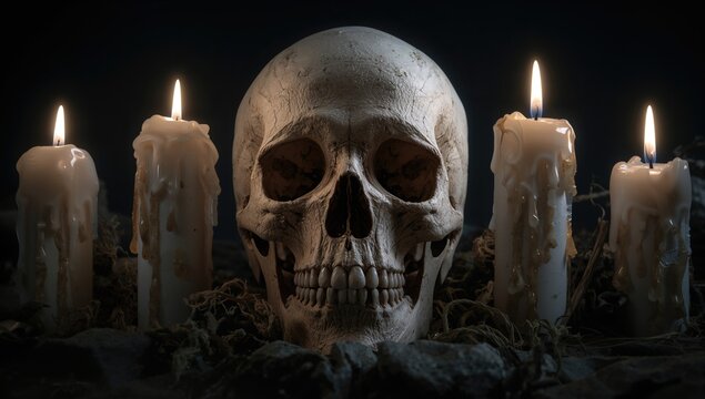 Close-up view of candles alongside a human skull in dim lighting, exploring themes of mortality and reflection