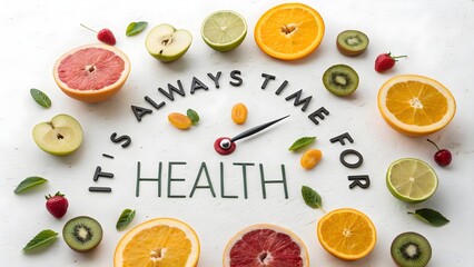 Fruit slices arranged in a clock shape with healthy message