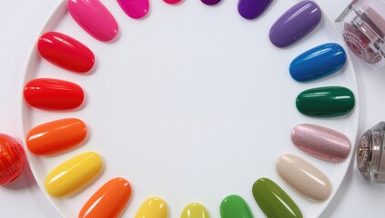 Brightly colored nail polish samples displayed on a nail art wheel.