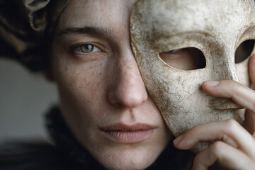 Mysterious portrait in the style of a mystical carnival, close-up of a woman with a mask covering her face, the aesthetics of decadence and mystery, art style