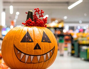 Close-up of a carved jack-o'-lantern decorated with berries in a blurred supermarket background
