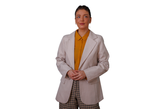 Young woman in business casual attire standing showing confidence professionalism and a transparent background - Powered by Adobe