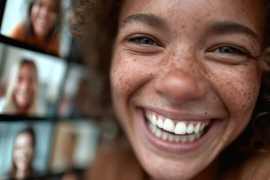 Joyful Young Woman with Freckles Smiling Broadly During a Virtual Video Call