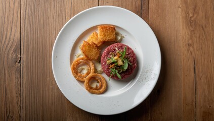 Appetizing serving of steak tartare accompanied by croutons, onion rings, and arugula, protein-rich meal