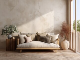 A white couch with pillows and a vase of flowers on a table. The couch is in a room with a window