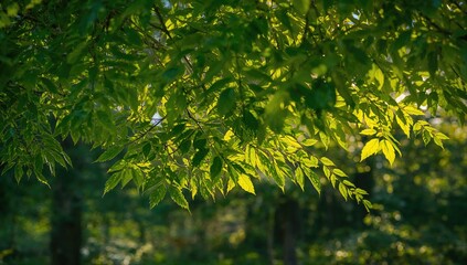 Fototapeta premium Sunlit green leaves and foliage of a tree in a forest, summer texture for nature backgrounds