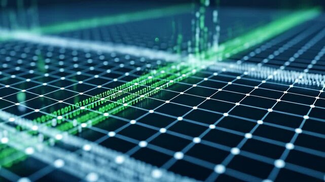 Binary Code Flowing Across Digital Grid Technology Background
