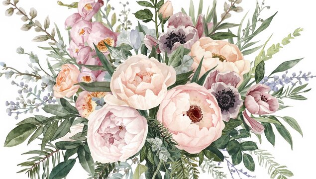 Vibrant watercolor arrangement featuring roses, peonies, foxglove, and anemone, ideal for festive occasions