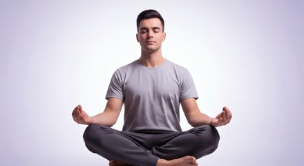 Young man meditating in lotus position with eyes closed on a white background
