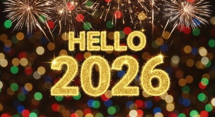 Happy new year hello 2026 with fireworks and bokeh lights